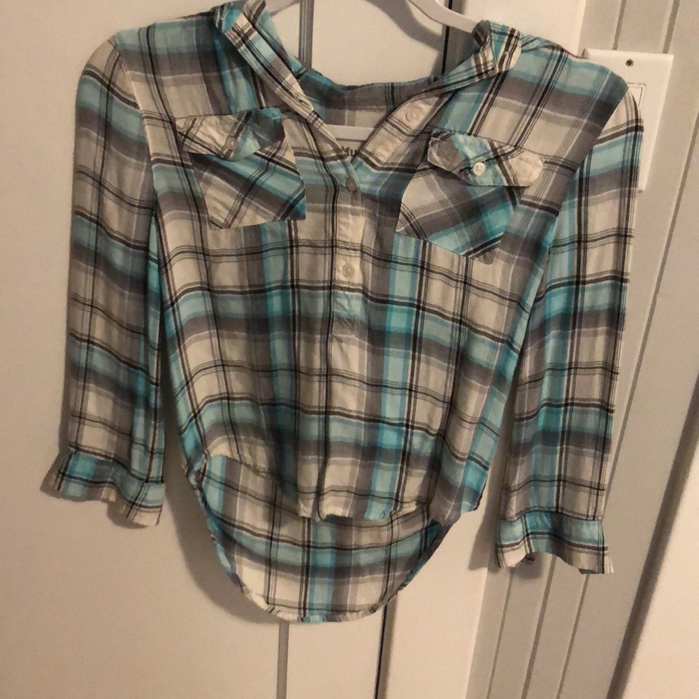 Teal and grey button down. Mudd